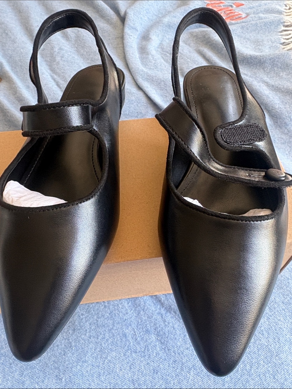 Black Pointed Mary Jane Slingback Flats with Velcro Strap